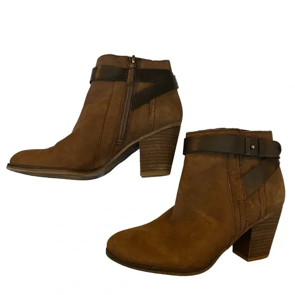 Franco Sarto Leather Dotty Booties Stacked Heel Round Toe Side Zip Brown Size 6 - Picture 7 of 9